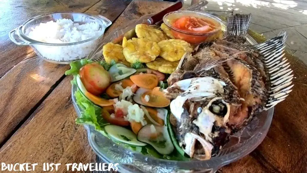Fish, salad, tostones and rice at Restaurante Correviento Las Isletas