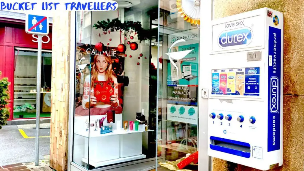 Condom Vending Machine outside pharmacy in Carcassonne France