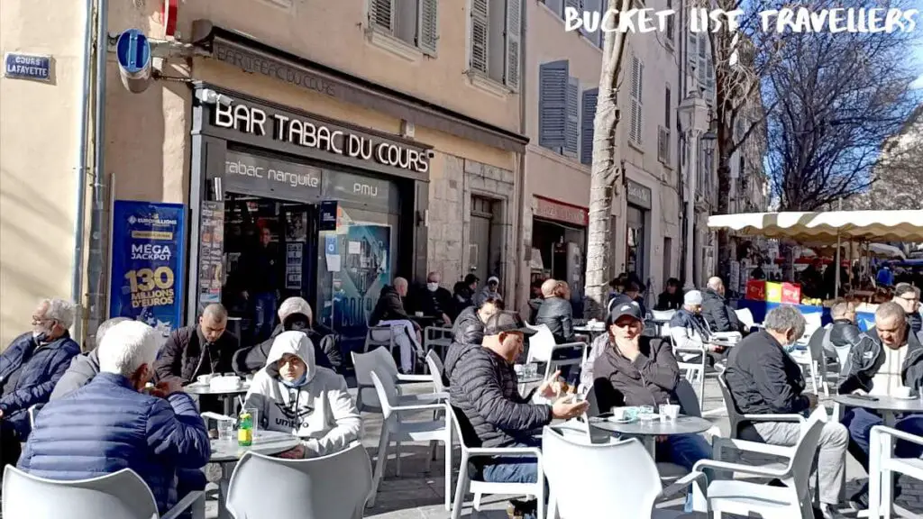 Cafe at Cours Lafayette Toulon France, outdoor dining at French cafe
