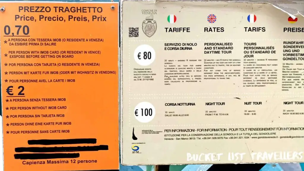 Traghetto and Gondola Prices Venice Italy