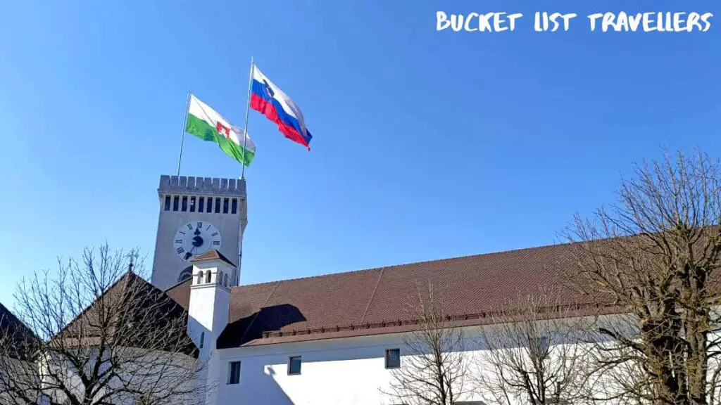 Flags at Ljubljana Castle Slovenia, Ljubljanna Flag, Slovenia Flag, Clock tower