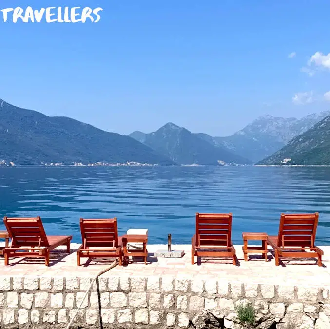 Deckchairs overlooking Bay of Kotor Montenegro