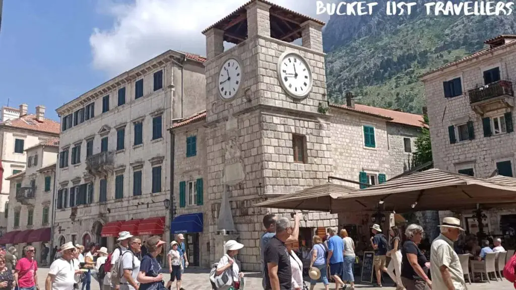 Tourists in front of Clock Tower in Kotor Montenegro