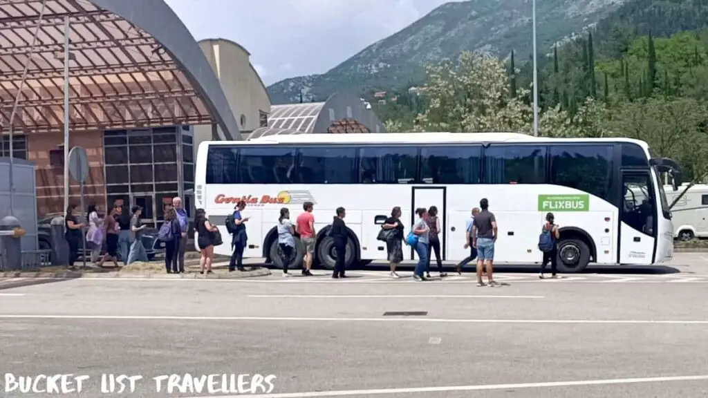 Croatia to Montenegro Border Crossing with Flixbus, line of people waiting to board Flixbus
