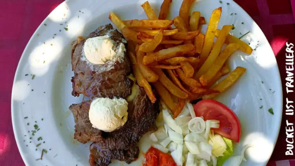 Njeguški Stek from Restaurant Bokeljski Dvori Montenegro, steak and fries