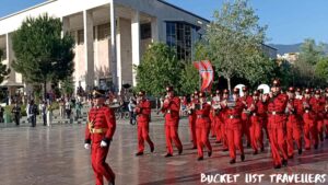 Albanian Army Band performancing at Skanderbeg Square Tirana Albania in front of Opera & Ballet Theatre