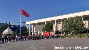 Albanian Flag Outside Opera & Ballet Theatre Tirana Albania