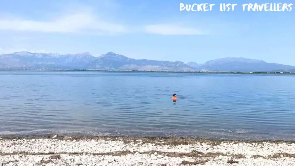 Man swimming at Beach near Shiroka Albania, Shkodra Lake Albania
