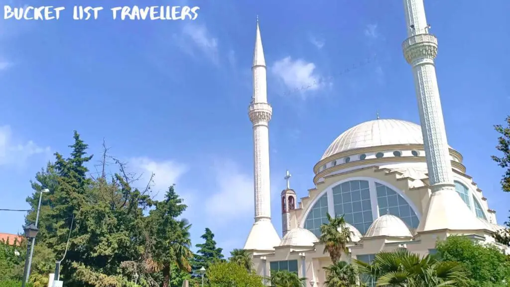 Xhamia e Madhe - Ebu Bekr Mosque Shkodra Albania, cream coloured domed mosque wtih two towers, sunni mosque