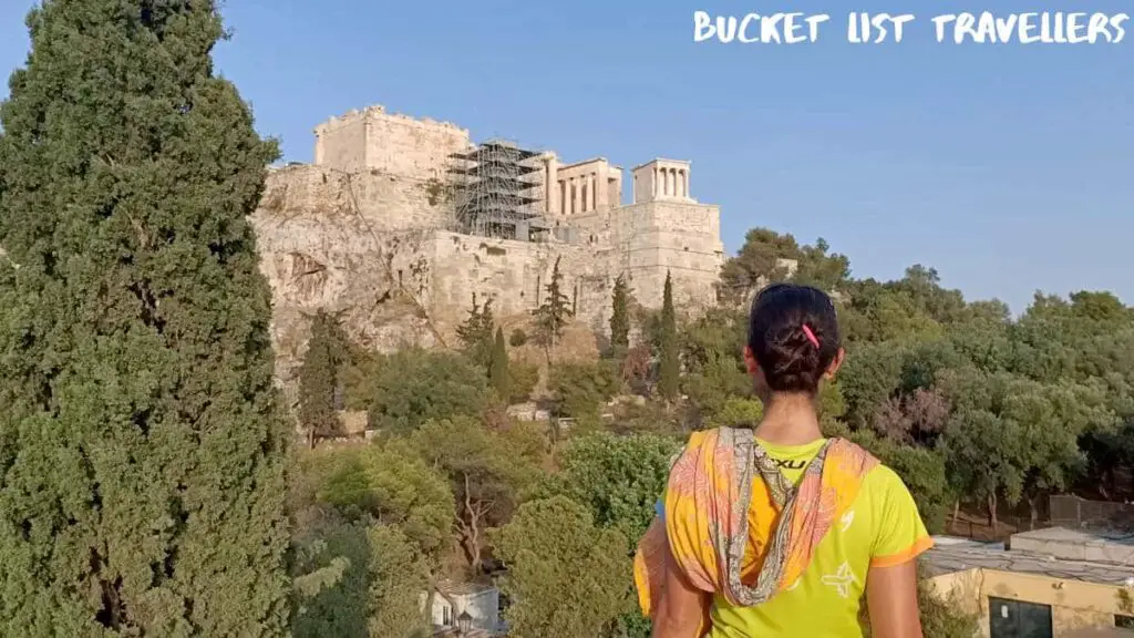 Woman Looking at Acropolis from Aeropagus Hill