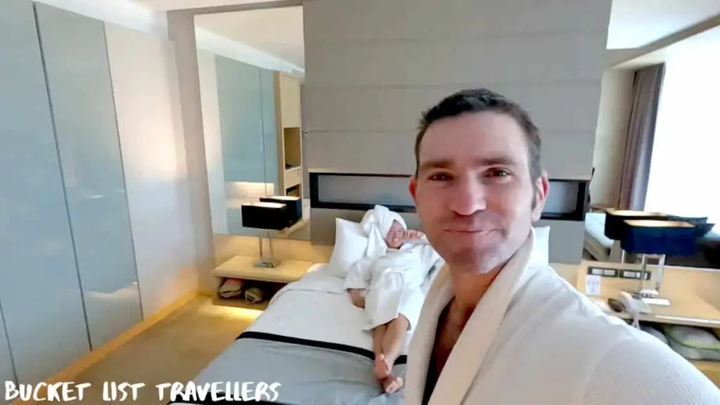 Couple in bath robes in hotel room at Ancasa Royale Pekan Pahang Malaysia