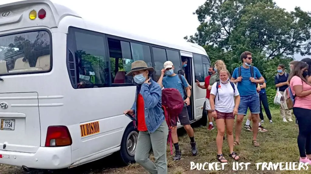 Passengers outside minivan on Jeep Boat Jeep from La Fortuna to Monteverde Costa Rica