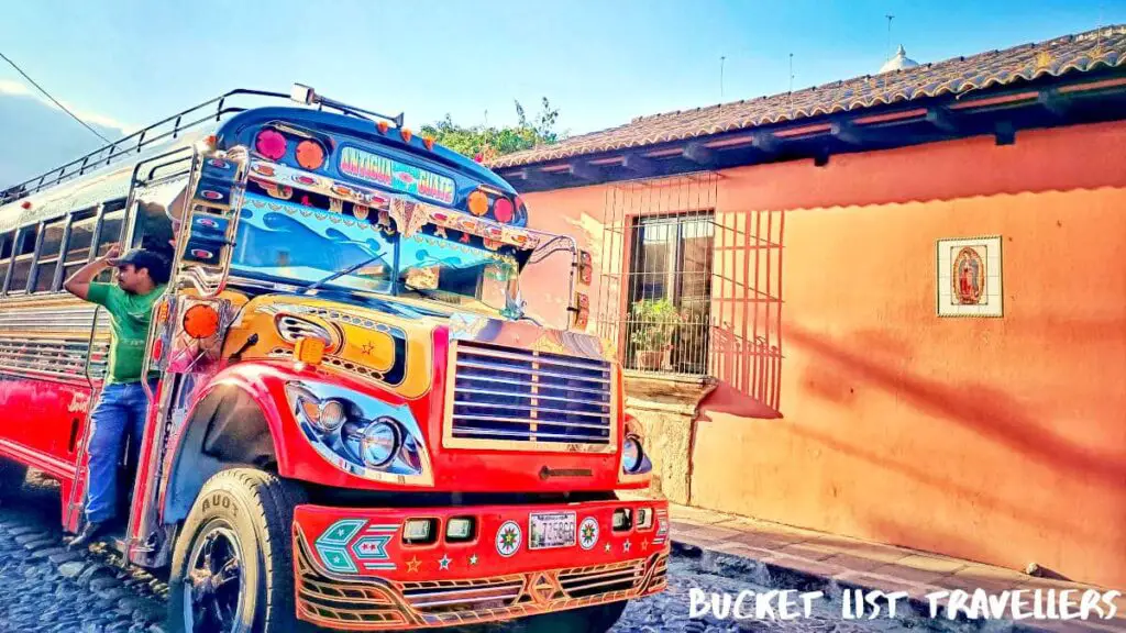 Local Bus Antigua Guatemala, Red Old School Bus Central America