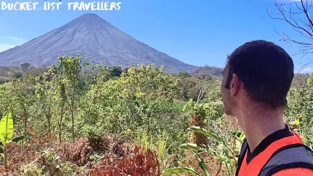 Man gazing at view of Volcán Concepción at Mirador in Ojo de Agua Ometepe Island Nicaragua