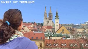 Woman looking out over Panoramic View-Point of Zagreb City Croatia